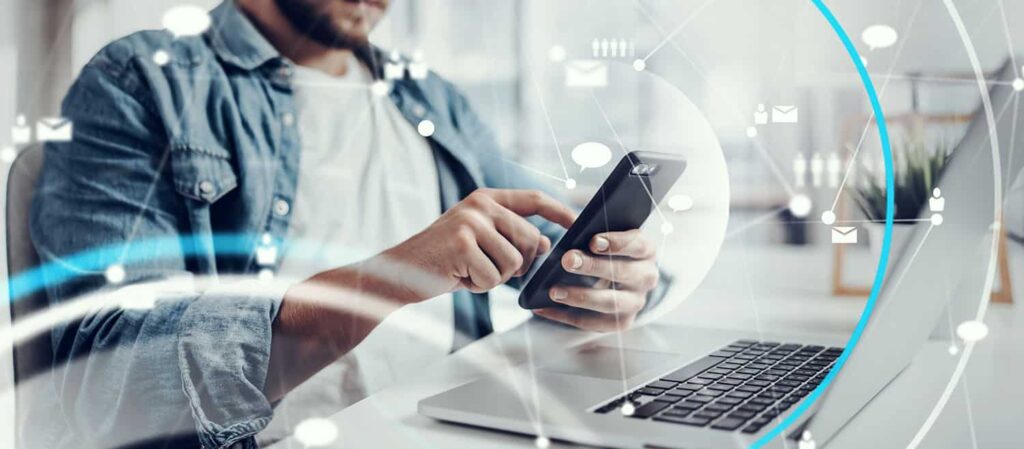 Man working remotely at home. Concept of networking or remote wo
